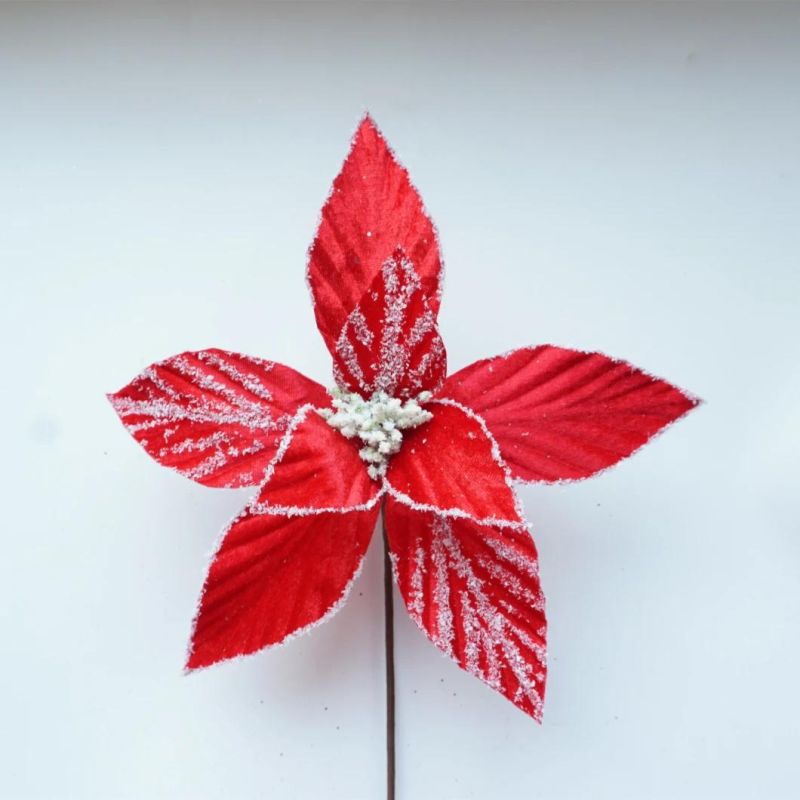 Cheap Wholesale Artificial Glitter Red Christmas Flower Poinsettia for Tree Decoration