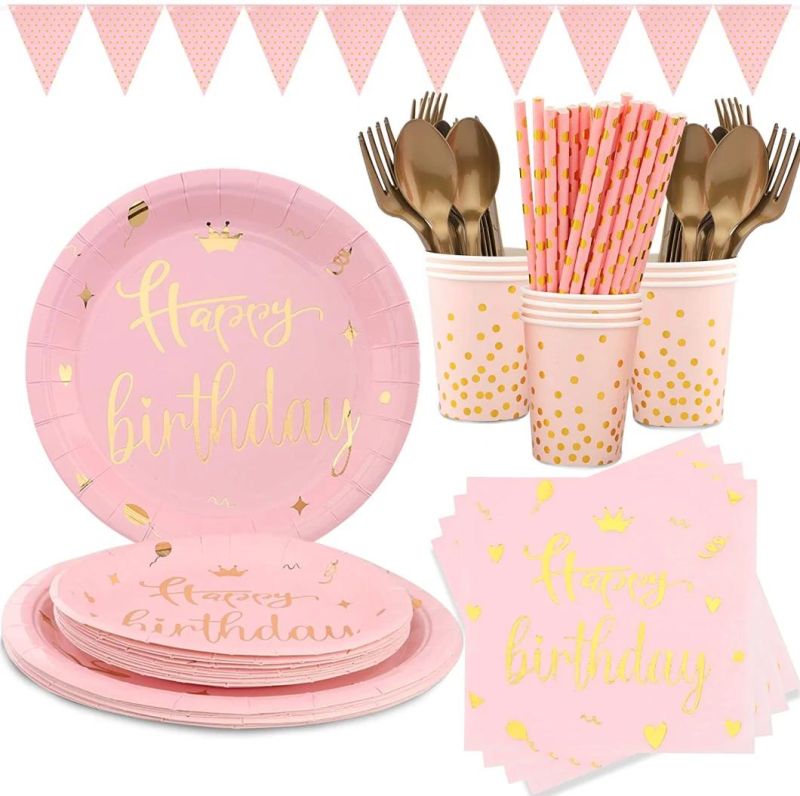 Pink Gold Birthday Plates Happy Birthday Party Supplies Tableware