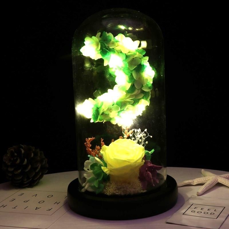 2018 New Arrival Real Preserved Rose in Glass Dome for Wedding Decoration with LED Light