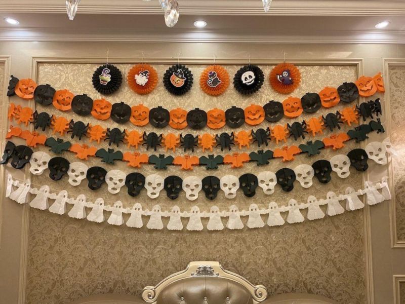 Halloween Interior Paper Decoration Orange Pumpkin Spider White Ghost Black Bat Spider Web All Saints′ Day Decorations Paper Garlands and Halloween Paper Lante