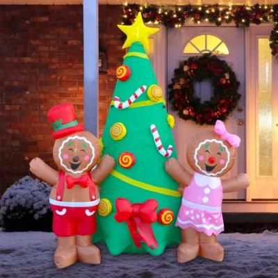 7FT Inflatable Christmas Gingerbread Man with Christmas Tree Decoration LED Blow up Lighted Decor