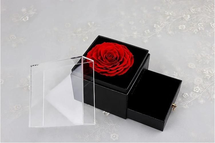 Best Valentine′s Day Gift Real Preserved Rose Flower Single Large 9-10cm Rose in Drawer Gift Box for Decoration