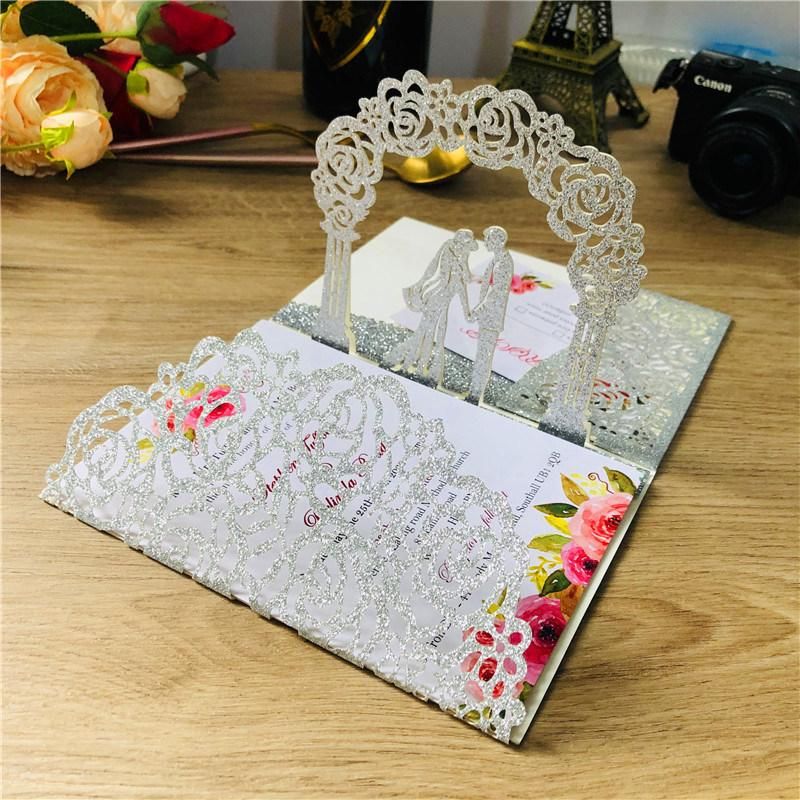 Glitter Laser Cut 3D Handmade Pop up Wedding Invitation Card