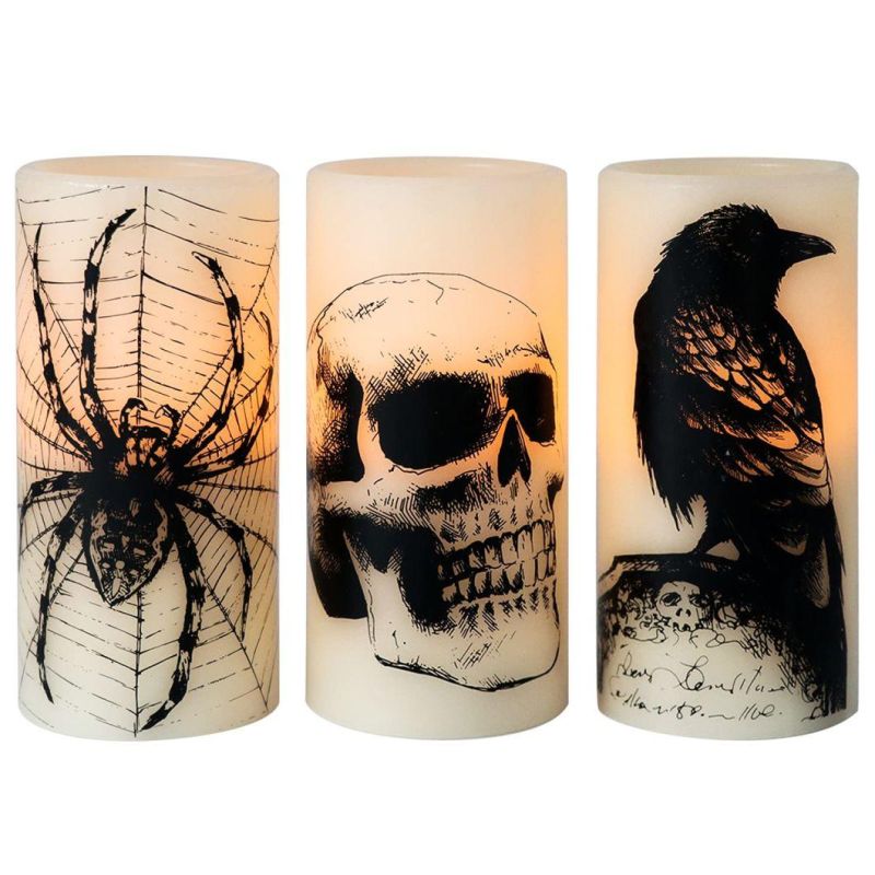 Halloween Flickering Candles with Skull, Spider Web, Crow Raven Decals Set of 3, Battery Operated Halloween Themed LED Candles Horror Spooky Decoration