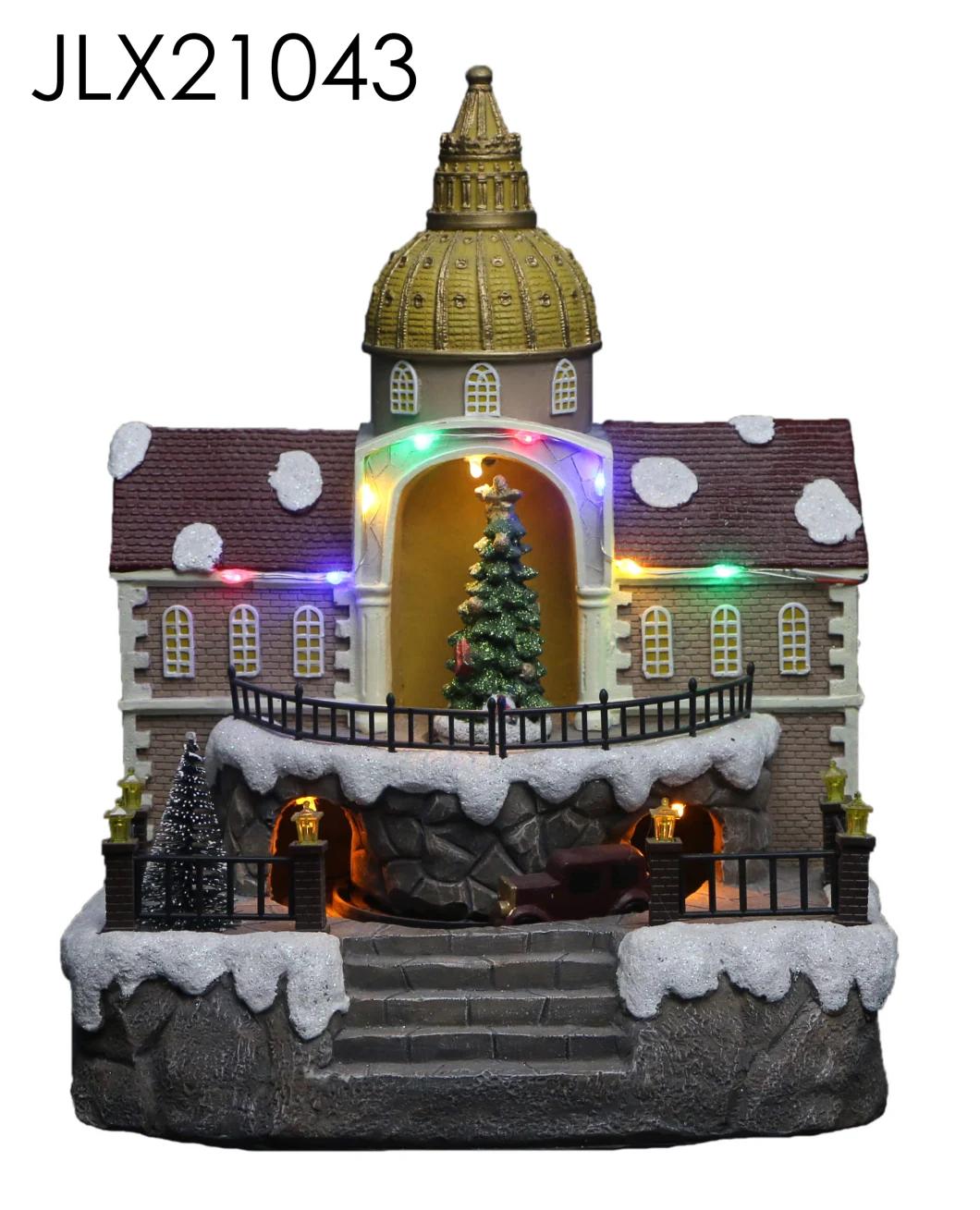 Christmas Church House with LED Lights and Running Water Wheel Christmas Tree Rotation Function with Music