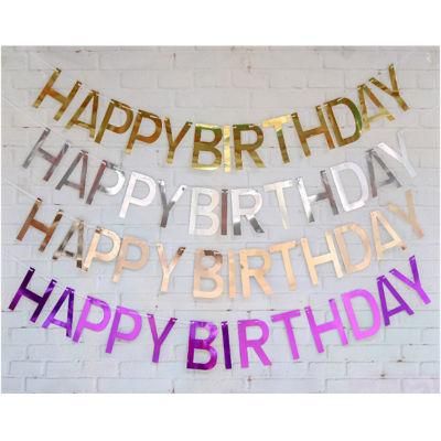 Aluminium Happy Birthday Banner Foil Paper Bunting Banners Flags Mirror Solid Happy Birthday Pull Flag