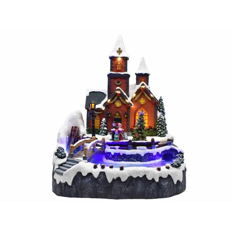 Christmas Church House with LED Lights and Running Water Wheel Christmas Tree Rotation Function with Music