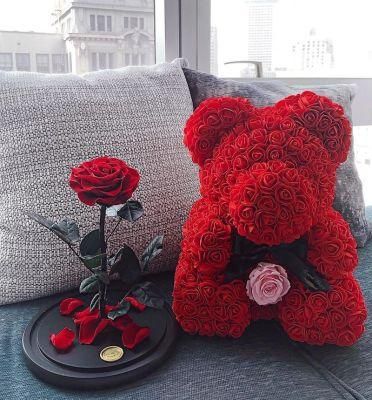 Beautiful Handmade Preserved Red Design Christmas Valentines Day PE Rose Bear Gift 25cm