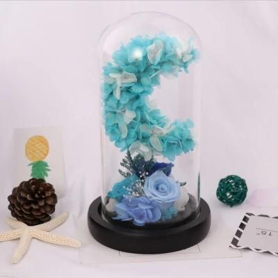Decorative Flowers Wreaths Type Blue Real Long Time Preserved Roses Preserved Flowers in Glass Dome with LED Light