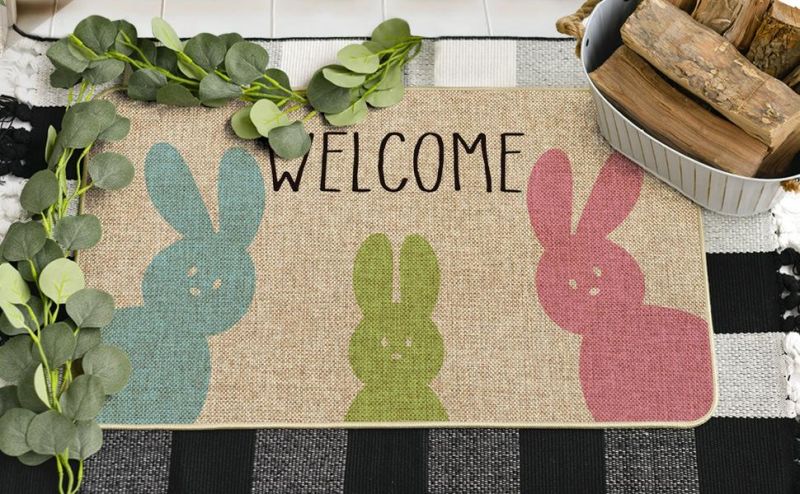 Welcome Easter Rabbits Elegant Decorative Doormat, Seasonal Spring Easter Farmhouse Holiday Low-Profile Floor Mat Switch Mat