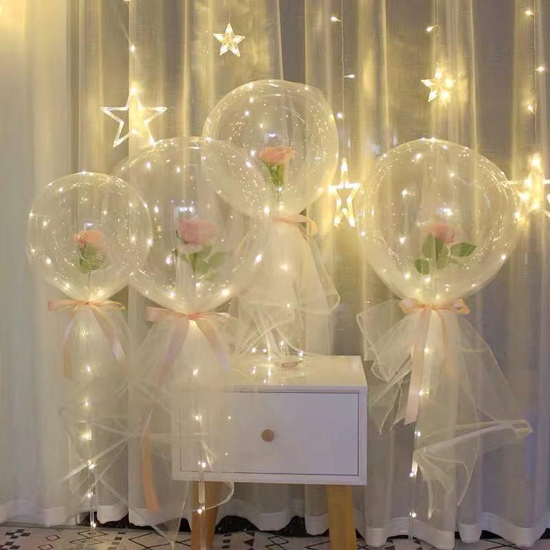 New Hot Sale LED Luminous Balloon Transparent Bobo Balloon Rose Bouquet for Valentines Day Gift