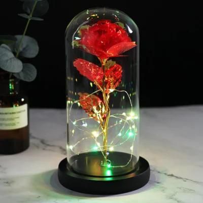 24K Gold Foil Dipped Plated Galaxy Rose in Glass Dome LED 24 K Flower Valentines Gift
