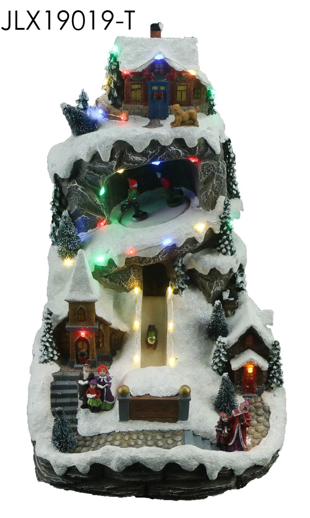 Christmas Hillside House with LED Lights and Train Christmas Tree Rotation Feature with 8 Songs Music for Decorations