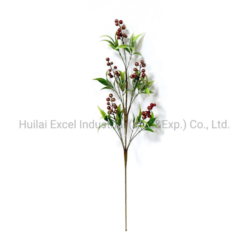 Christmas Floral Picks Red Berry Branches Green Leaves Spray Glitter