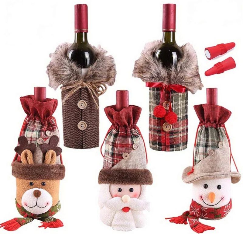 Holiday/Christmas Wine Bottle Cover, Set of 7: Checkers & Herringbone Decors with Faux Fur Collar; Santa Clause, Snowman & Reindeer Drawstring Bags; Bottle