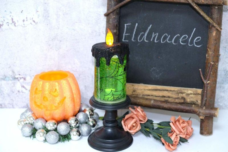 Halloween Snow Globe Candles Lighted Lamp, Battery Operated Spooky Spinning Water Glittering Tornado Candles Flameless Candles Table Centerpiece for Halloween C
