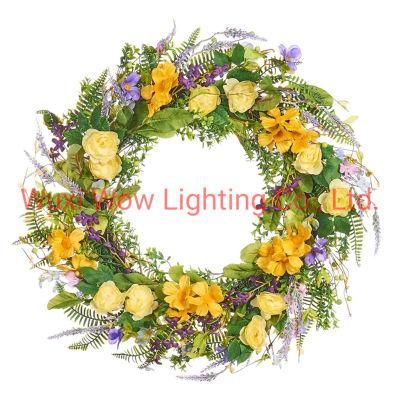Artificial Spring Rose &amp; Heather Wreath-- Yellow &amp; Purple-- 28 Inch