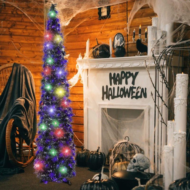 5 Foot Black Tinsel Halloween Christmas Tree with 50 Color Lights - Collapsible Pop up Spider Sequin Artificial Pencil Halloween Tree Decorations for Home Firep