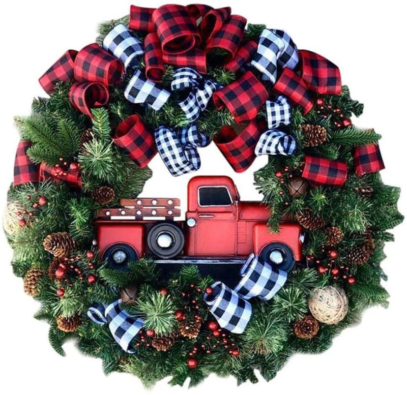 Christmas Wreath Front Door Decoration Wreath Red Truck Berry Winter Wreath Hanging Artificial Christmas Garland for Home Wedding Party Outdoor Indoor Decorati