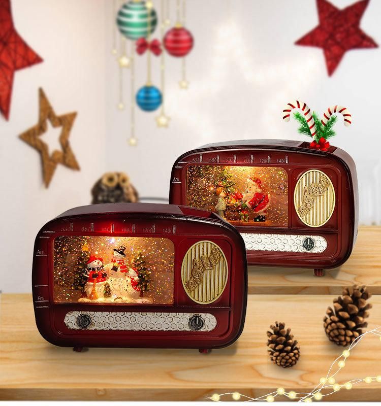 Creative Lighted Musical Spinning Water Snowman Snow Globe Retro Radio Christmas Table Decoration