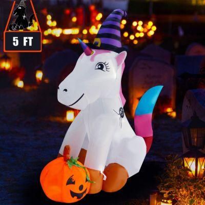 Halloween Outdoor Indoor Decorations Inflatable Unicorn with Pumpkin with LED Light