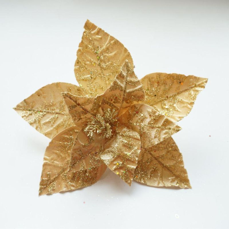 Golden Poinsettia Flowers with Glitter and Sequins Artificial Floral