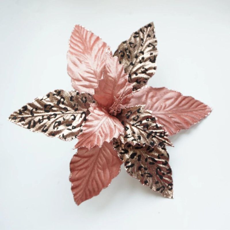 Small Leopard Christmas Decoration Artificial Poinsettia Flower with Glitter