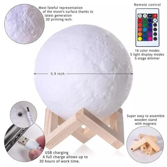 2019 Remote Touch Control 3D Printing The Moon Light 3D Lamp Wooden Stand