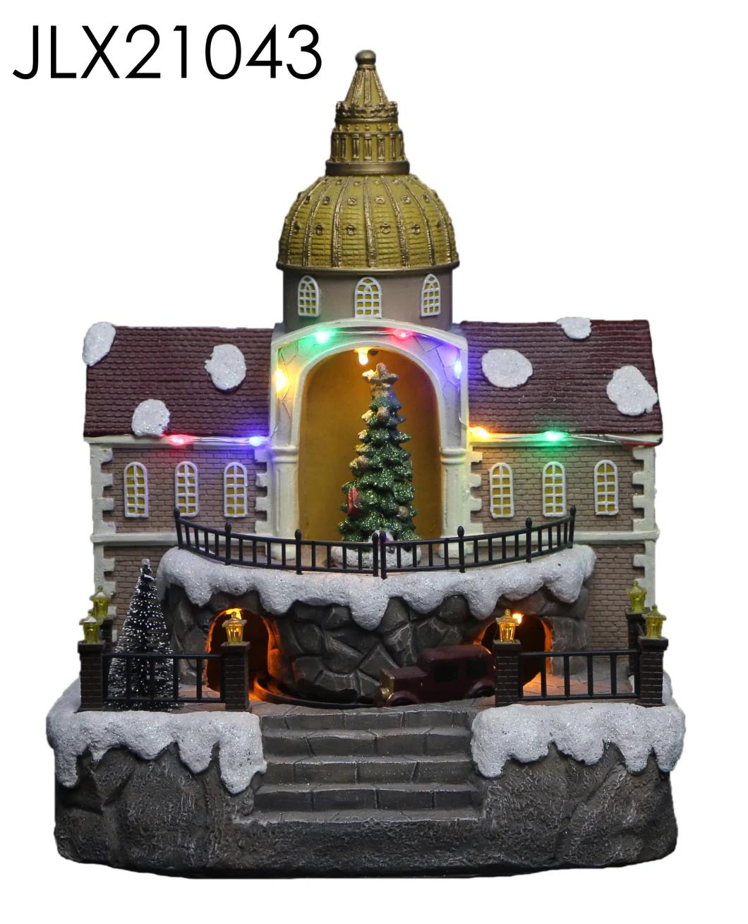 New Design Christmas Village House with LED Lights with Water Wheel Spin and Three Person Roller Skates with Music