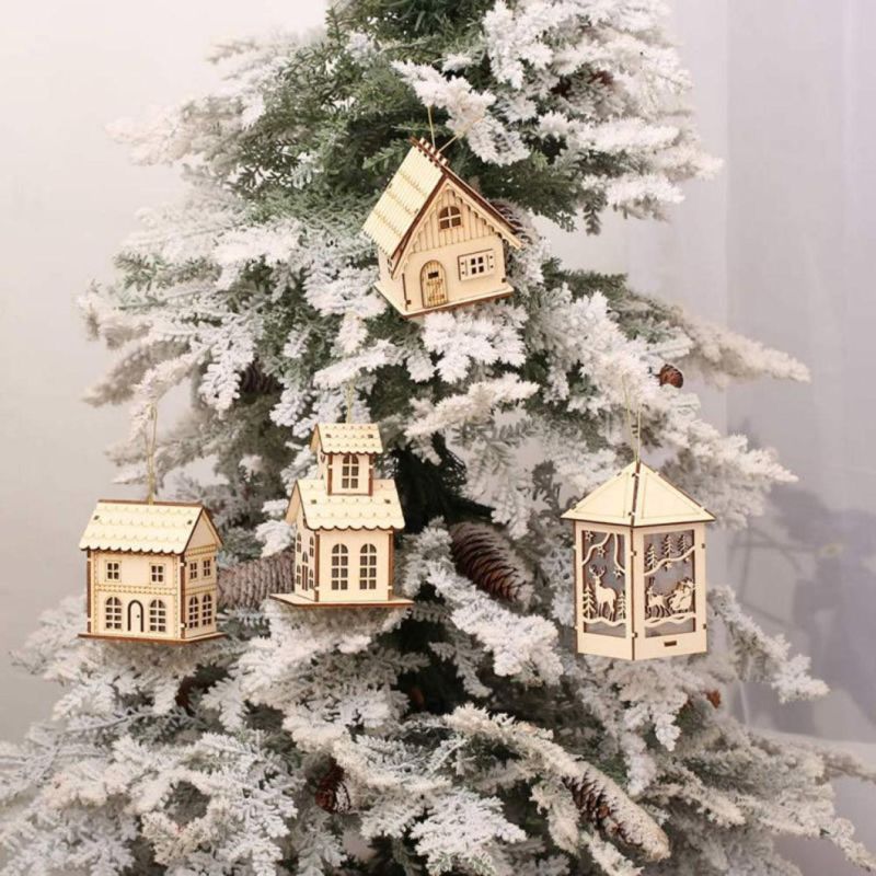 LED Light Wood House Elk Cute Christmas Tree Hanging Ornaments