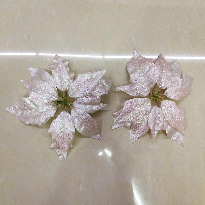 Hot Selling White Cotton Artificial Christmas Flowers Poinsettia for Decoration Xmas Ornament