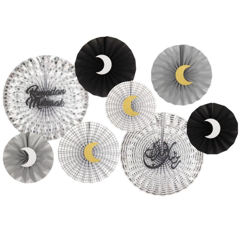 Muslim Islamic Eid and Ramadan Party Decoration Gold Color DIY Ramadan Mubarak Paper Fan with Moon Letter Decorations