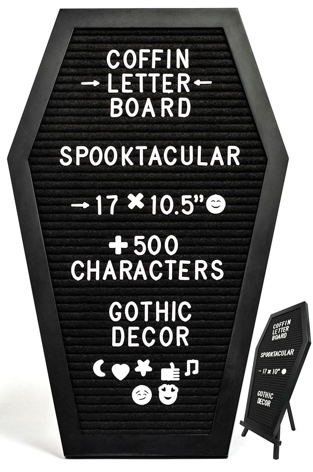 Black Felt Coffin Letter Board - Gothic Decor Message Board for Halloween Decorations - 17X10.5 Inches, 500 White Changeable Characters, Wooden Stand. Spooky Ha