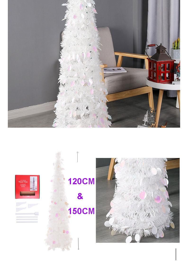 White Collapsible Pop up Christmas Trees for Home Decoration, Glittering Sparking Decorative Tinsel Tree W/Stand