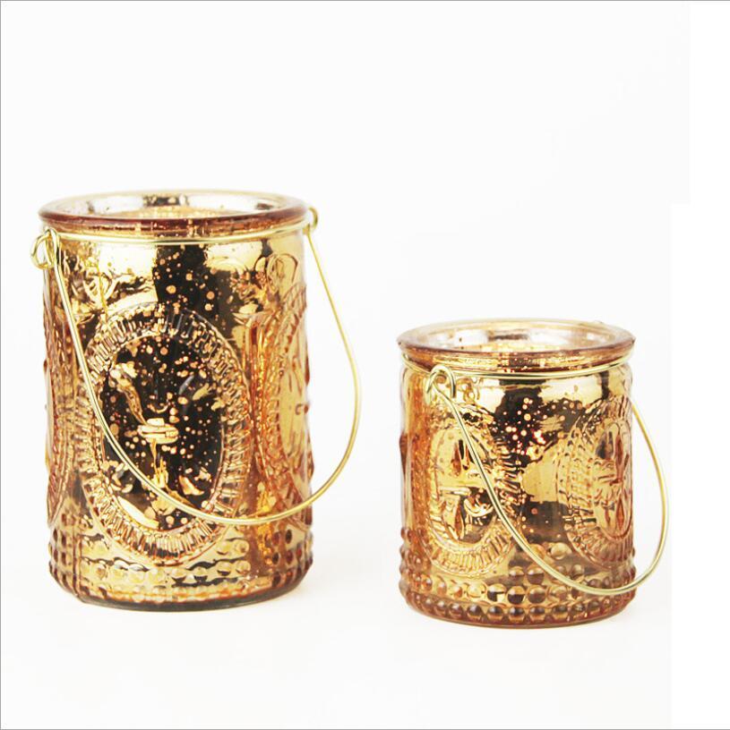 Embossed Crystal Golden Glass Candle Jar with Matel Handle