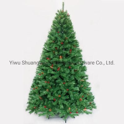 2020 New Design 210cm Green PVC Metal Hinged Tree with Pine Cone Red Berry