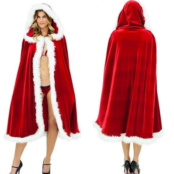 Sexy Girl Christmas Capes Santa Claus Red Velvet Long Cloak Party Costumes for Women Suit