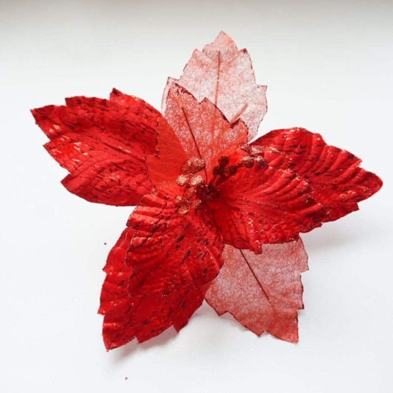 Cheap Artificial Glitter Red Christmas Flower Wholesale Poinsettia