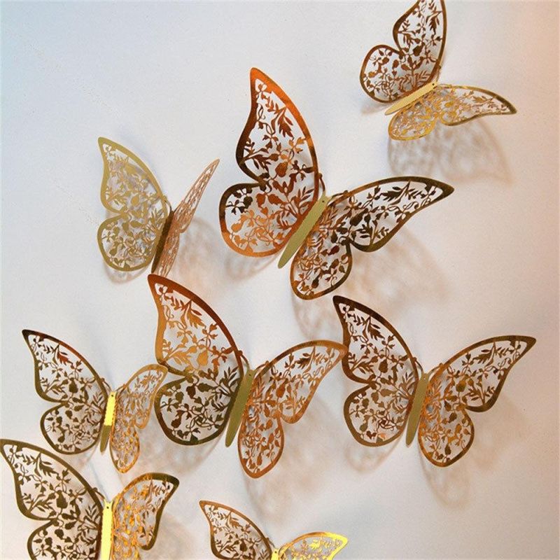 12PCS Wall Stickers Hollow Rose Gold/Golden/Silver Butterfly Wall Stickers