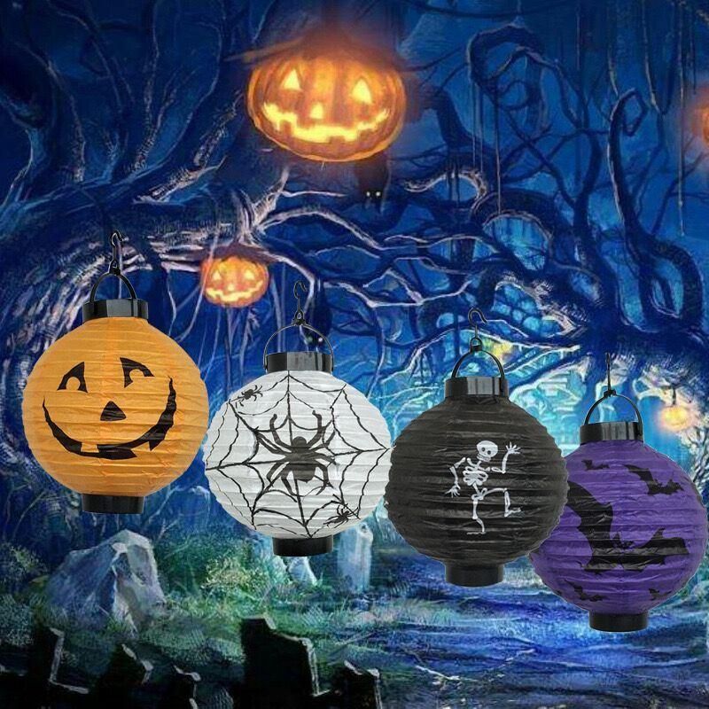 The Factory Wholesale 8inch Orange Black Halloween Pumpkin Paper Jack-O′-Lantern/Lamp Jack-O′-Lantern Paper Lanterns with LED Lights Hang Festive Decorations