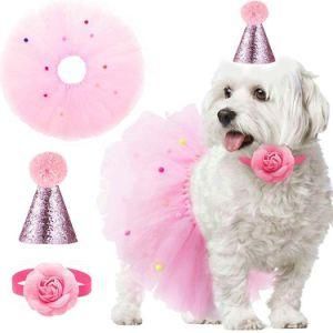 3PCS/Set Pet Birthday Hat Pink Mesh Skirt Bow Tie Party Decorations