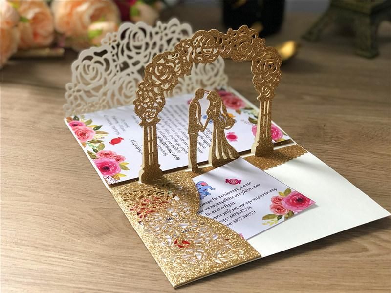 Glitter Laser Cut 3D Handmade Pop up Wedding Invitation Card