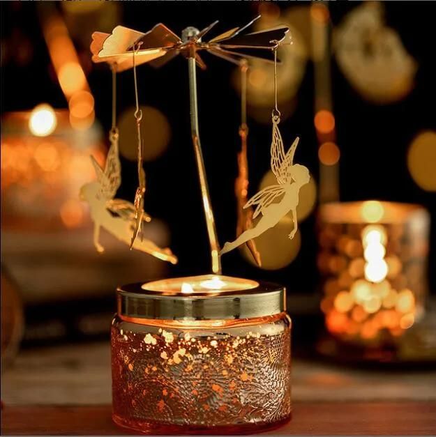 Vss Customized Golden Carousel Rotary Tealight Glass Candle Holder for Christmas Present