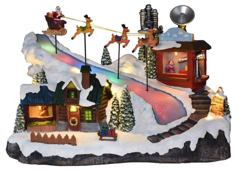 Polyresin Holiday Decor Fiber Optic Reindeer Sleigh Scene LED Illuminated Musical Christmas Village Houses Decoration with 8 Xmas Songs