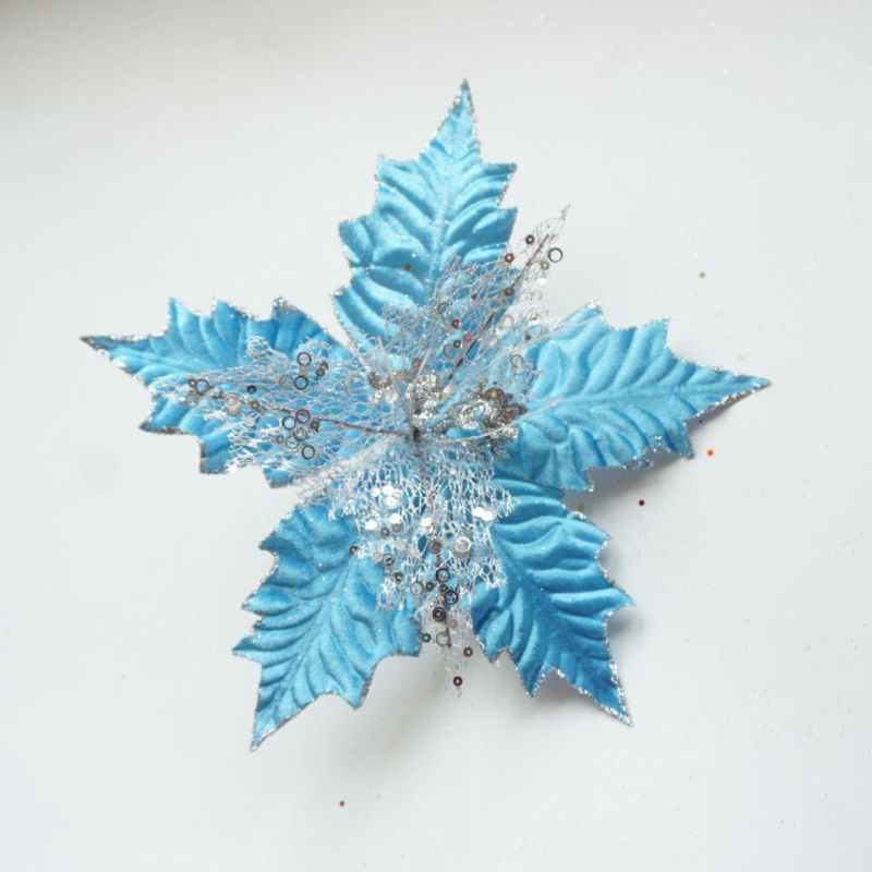 Blue Artificial Xmas Golden Silver Color Poinsettias Flowers for Christmas Decoration