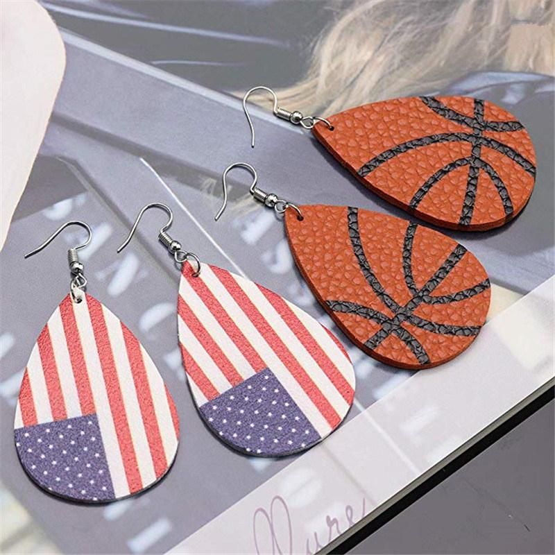 Hot Sale Women American Flag Earring Faux Leather Football Baseball Basketball Earrings