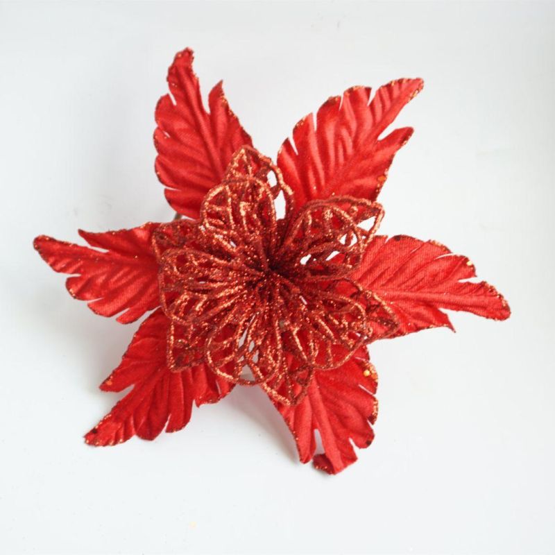 Hot Sale Artificial Simulation Velvet Xmas Poinsettias Flowers with Clip for Christmas Decoration