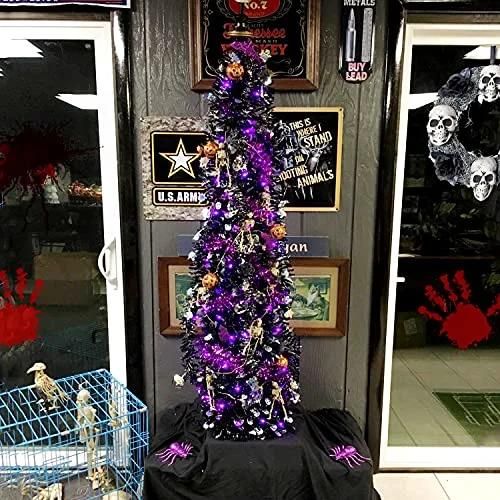 5′ Slim Black Tinsel Pop-up Artificial Halloween Christmas Tree, Decoration Halloween Christmas Trees