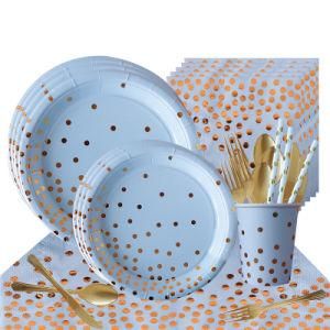 DOT Bronzing Tableware Blue Thick Paper Plate, Spoon, Forks Set