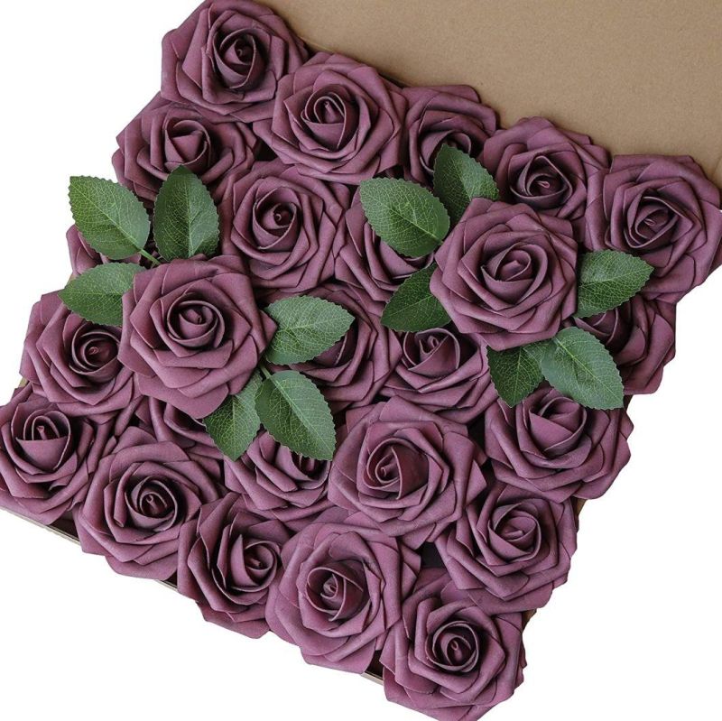 Amazon Artificial Flowers 25PCS Real Looking Burgundy Foam Fake Roses with Stems for DIY Wedding Bouquets Red Bridal Shower Centerpieces Party Decorations